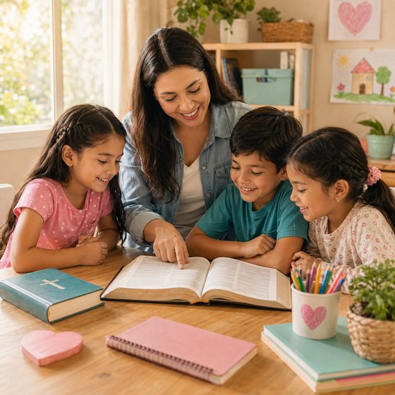 Niños estudiando la Biblia en una mesa de homeschool