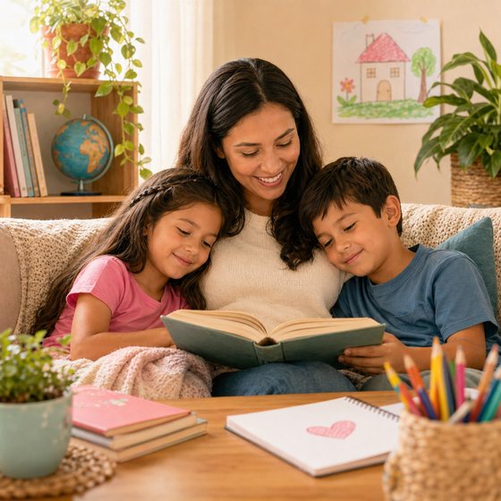 Mamá y niños leyendo juntos en casa