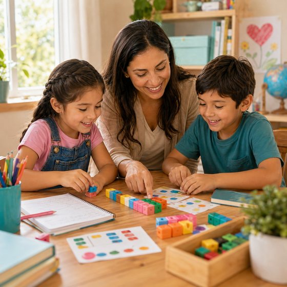 Niños aprendiendo matemáticas con bloques de colores